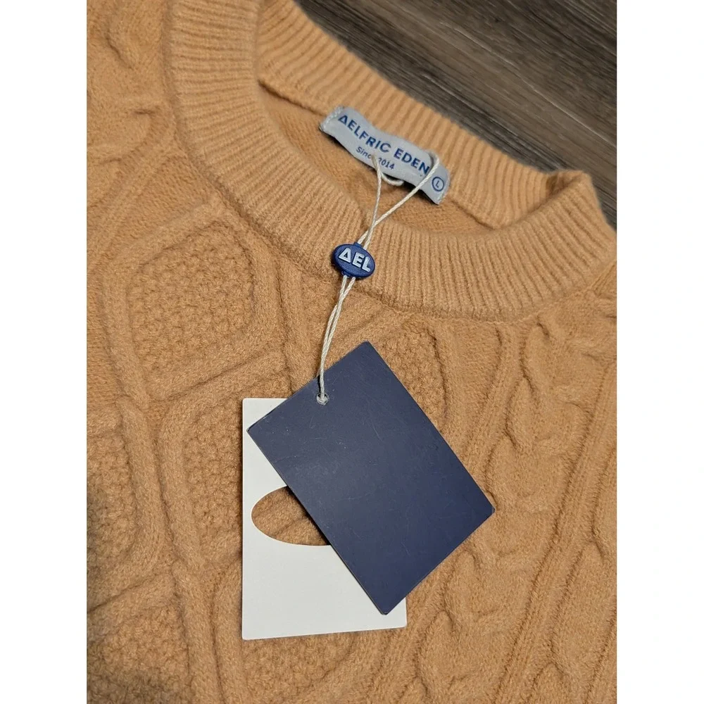 Aelfric Eden Tan Cable Knit Sweater Mens Large Diamond Pattern Crew Neck NWT